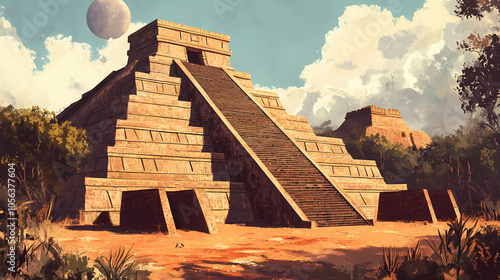 Ancient teotihuacan's pyramids are mesoamerica's finest. Mayan Sun Temple. Illustration photo