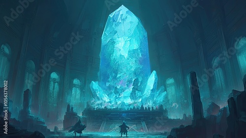 Two Figures Standing Before a Giant Crystal in a Dark, Mystical Chamber