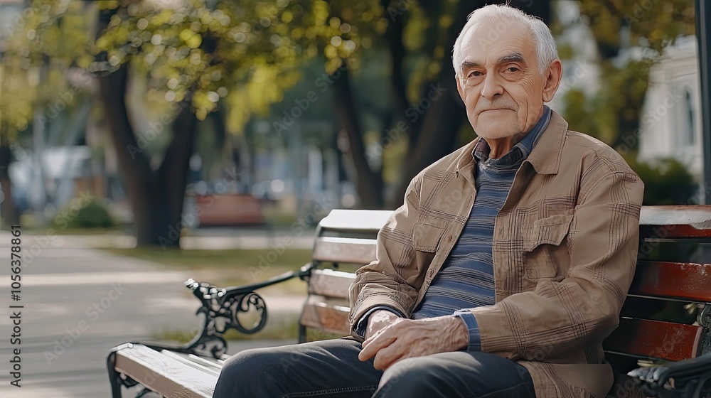 Elderly Man Sitting on a Bench in a Park Elderly Man Sitting on a Bench in a Park