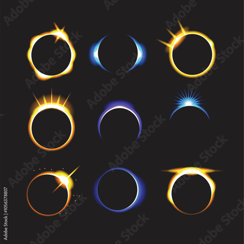 Set of Solar eclipse vector total sun background collection. Moon eclipse glow in space. Solar planet circle, Abstract illuminated, vector illustration.