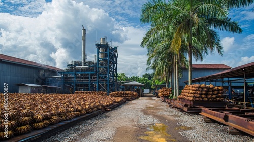 A panoramic view of a palm oil processing plant, with stacks of harvested palm fruit ready for extraction photo