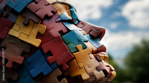 A close-up portrait of a person's face made of colorful jigsaw puzzle pieces against a blue sky.