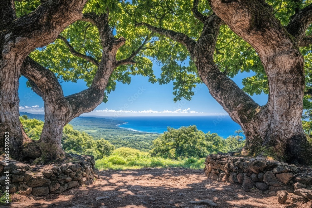 Scenic view framed by trees overlooking a vibrant ocean landscape. Scenic view framed by trees overlooking a vibrant ocean landscape.