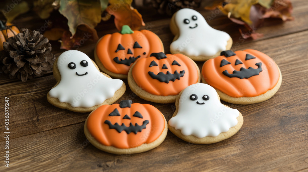 Pumpkin cookies on wooden boards, Halloween concept Pumpkin cookies on wooden boards, Halloween concept
