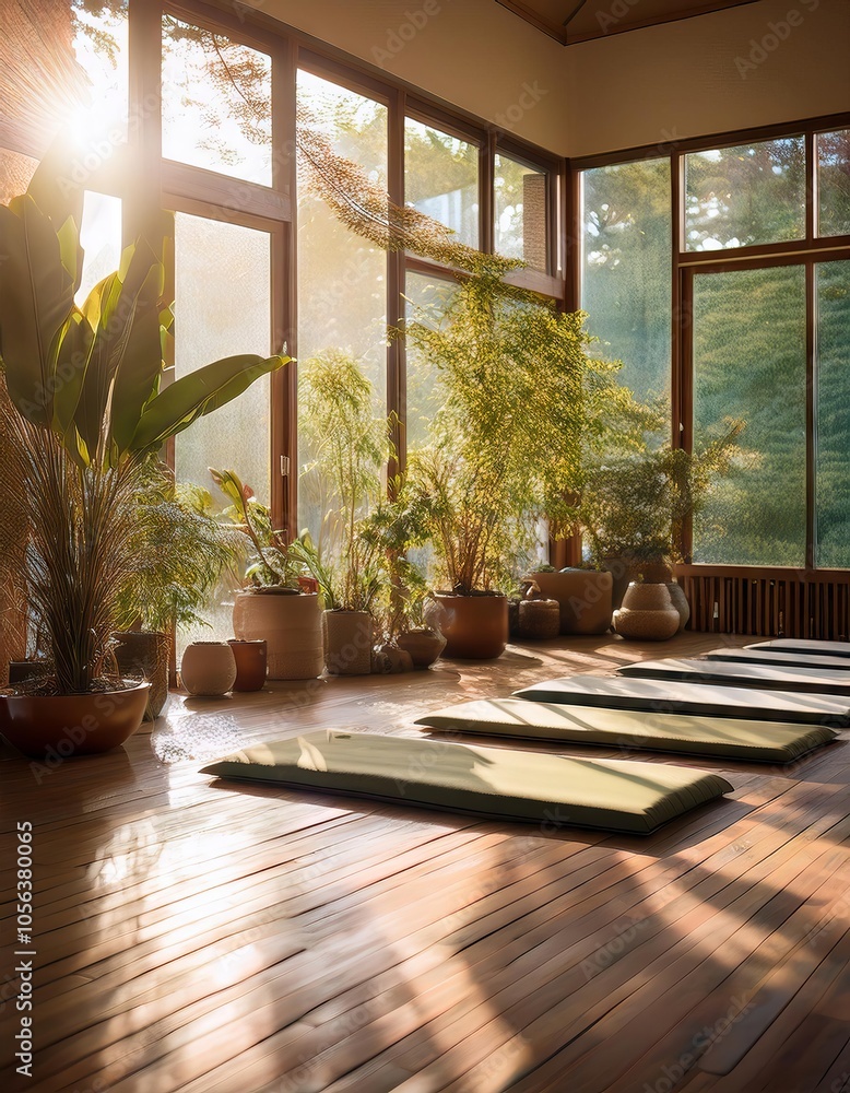Fototapeta premium Interior of modern living room with green plants and wooden floor.