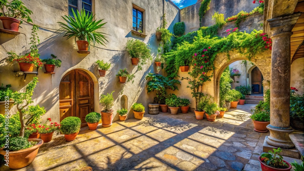 Obraz premium Charming sunlit courtyard in Ravello, Italy with potted plant casting shadows , sunlight, courtyard, potted plant, shadows