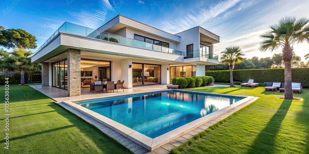 Fototapeta premium Luxurious modern villa with spacious pool and beautifully landscaped green lawn, luxury, villa, modern, pool, lush