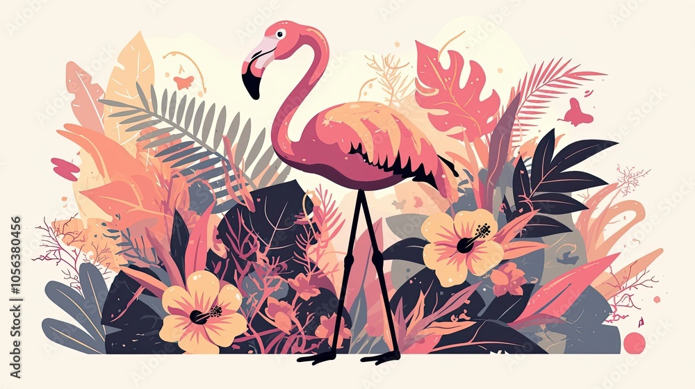 Naklejka premium Pink Flamingo Standing Among Tropical Flowers and Foliage