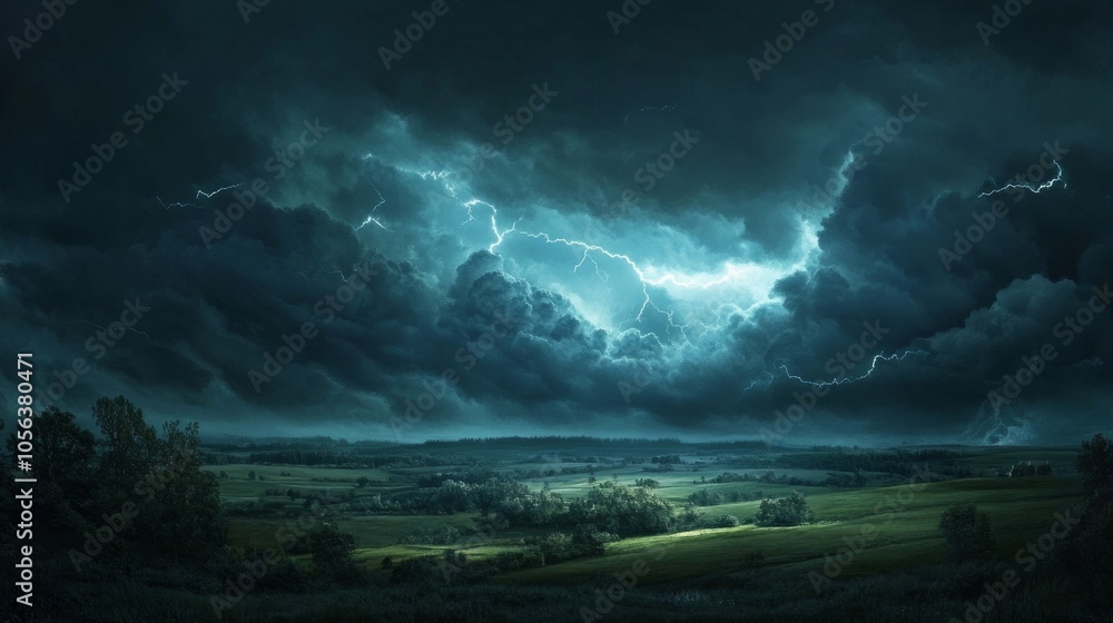 Dark clouds swirling over a rural landscape, with distant thunder and lightning generative ai Dark clouds swirling over a rural landscape, with distant thunder and lightning generative ai