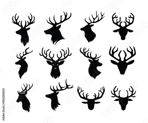 Set of elk head silhouette icon set collection, deer head silhouette symbol sign, Horned elk or stag icon, isolated on white background, vector illustration. abstract animal logo, fauna wildlife.