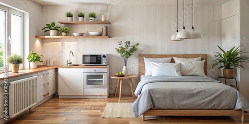Cozy bedroom with bed, microwave and oven, bedroom, cozy, interior, decor, furniture, home, comfortable, microwave