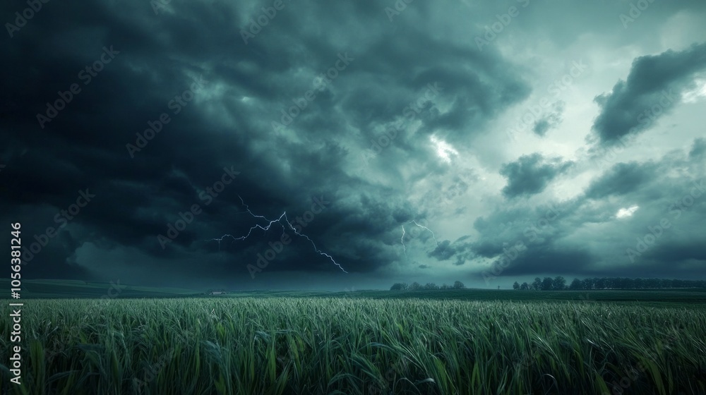 Dark clouds swirling over a rural landscape, with distant thunder and lightning generative ai Dark clouds swirling over a rural landscape, with distant thunder and lightning generative ai
