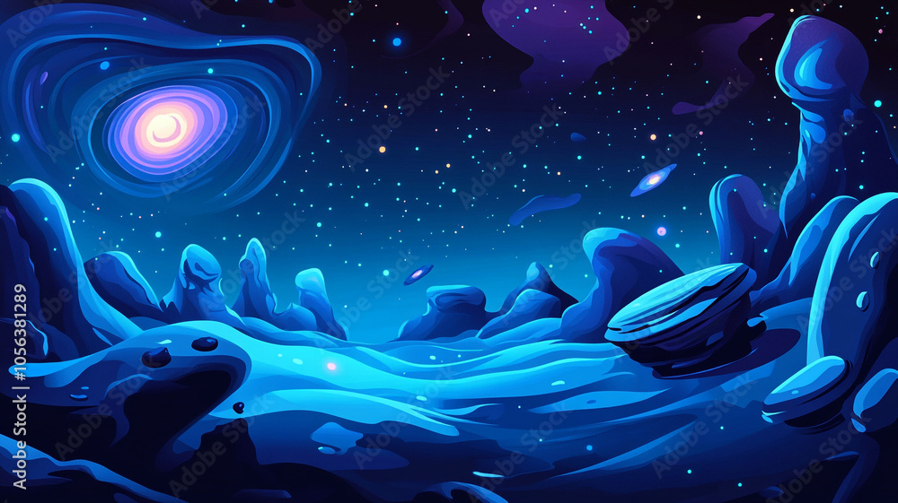 Naklejka premium A vibrant cosmic landscape filled with swirling galaxies and rocky formations under a starlit sky