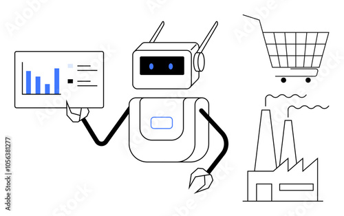 A robot analyzing data with a shopping cart and a factory. Ideal for automation, industry 4.0, data analysis, robotics, and digital transformation. Clean lines and modern styling