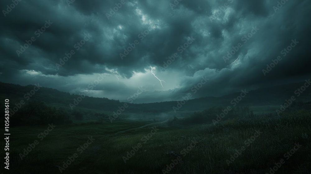 Dark clouds swirling over a rural landscape, with distant thunder and lightning generative ai Dark clouds swirling over a rural landscape, with distant thunder and lightning generative ai