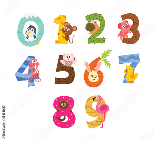 Set of zoo number collection. Animal number. Number from 0 to 9. Cartoon cute animals, set of cartoon animal numbers for children kindergarten lesson, math learning kid, vector illustration. 