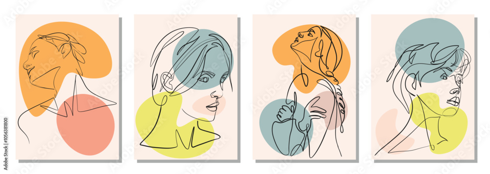 Continuous line, drawing of set faces and hairstyle, fashion concept, woman beauty minimalist, vector illustration for t-shirt, slogan design print graphics style Continuous line, drawing of set faces and hairstyle, fashion concept, woman beauty minimalist, vector illustration for t-shirt, slogan design print graphics style