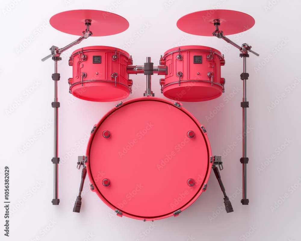 A bright pink drum kit featuring two toms and a bass drum, set against a clean background, showcasing its vibrant color and design. A bright pink drum kit featuring two toms and a bass drum, set against a clean background, showcasing its vibrant color and design.