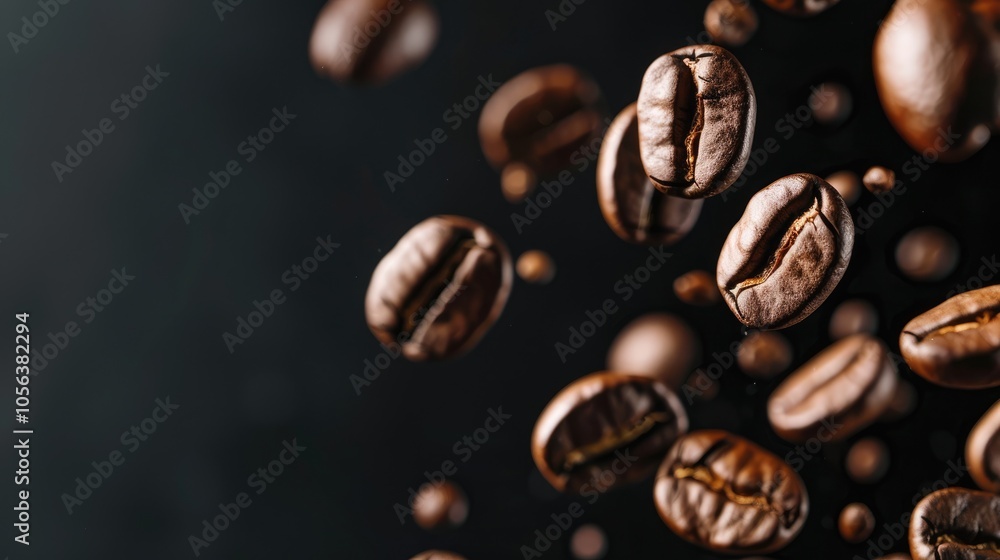 Coffee beans falling against dark background, close-up with space for text. Coffee beans falling against dark background, close-up with space for text.