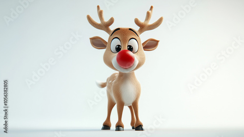 Cheerful reindeer with a bright red nose standing against a light background, ready for the holidays