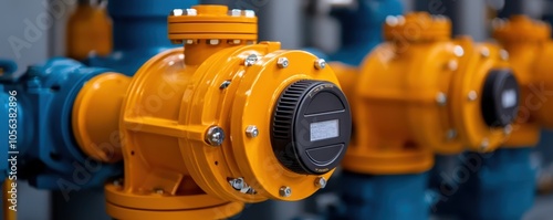 The image showcases industrial water pumps with orange components, highlighting their intricate design and functionality in fluid management systems.