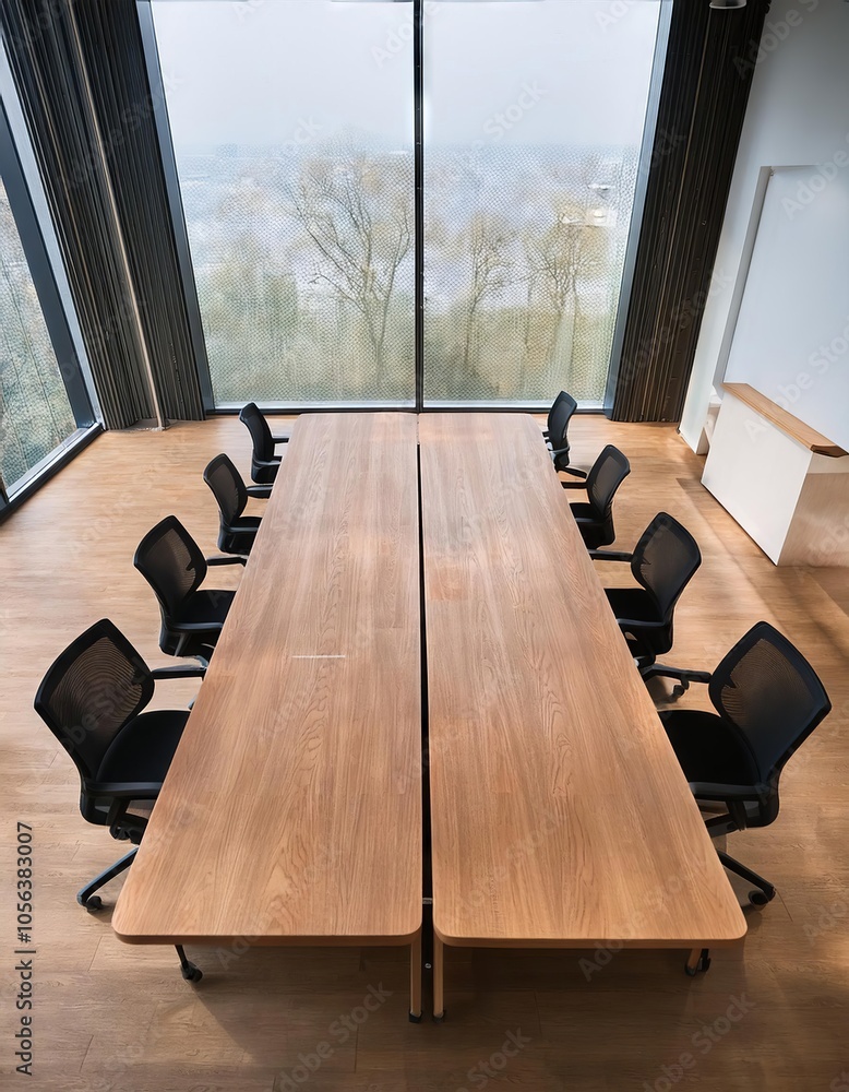 Fototapeta premium Interior of modern meeting room with large wooden table and black chairs