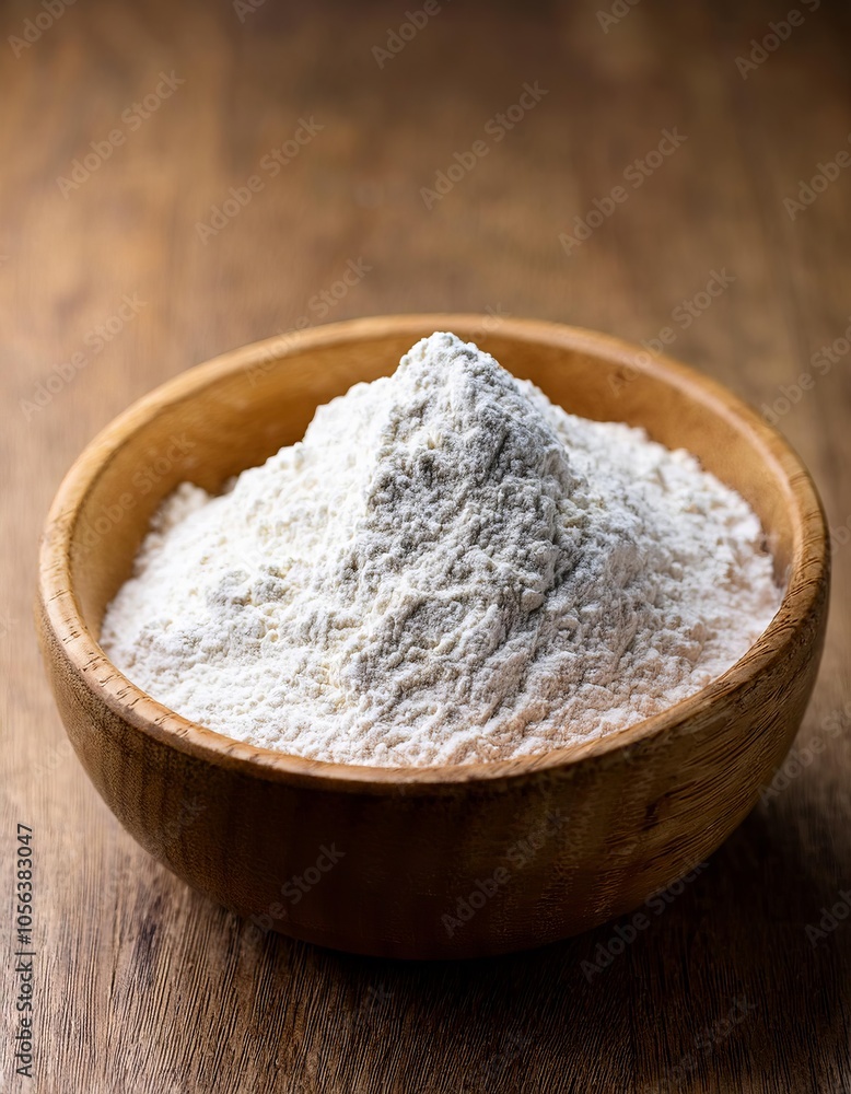 White flour in a wooden bowl on a wooden background. Selective focus. White flour in a wooden bowl on a wooden background. Selective focus.