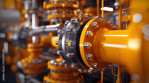 A close-up of industrial piping and connectors, showcasing detailed mechanical components in vibrant orange and metallic hues. photo