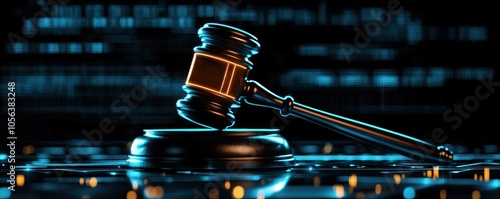 A digital gavel symbolizes justice and law, highlighted by glowing neon elements, against a backdrop of data, representing modern legal technology.