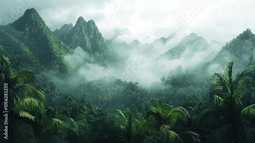 Foggy Jungle Landscape with Palm Trees and Lush Mountains