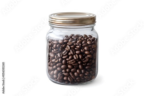 Roasted coffee beans preserved in a glass jar with metal lid, isolated on a white background