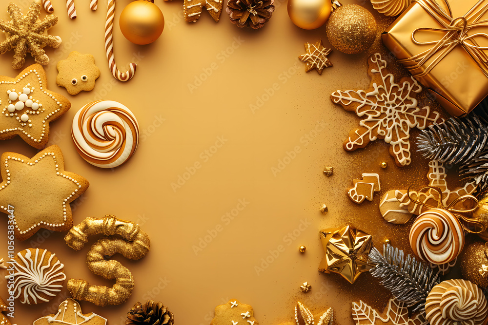 Assorted Christmas cookies, ornaments, and a golden gift box on a warm festive background. Concept of holiday celebration and joy Assorted Christmas cookies, ornaments, and a golden gift box on a warm festive background. Concept of holiday celebration and joy
