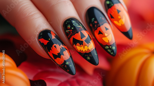 An illustration of nail stencils featuring Halloween shapes like bats, jack-o'-lanterns, and witch hats for creative coloring. photo