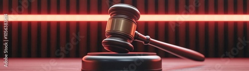 A gavel rests on a sound block, symbolizing justice and legal authority, set against a dramatic backdrop of glowing red lines.