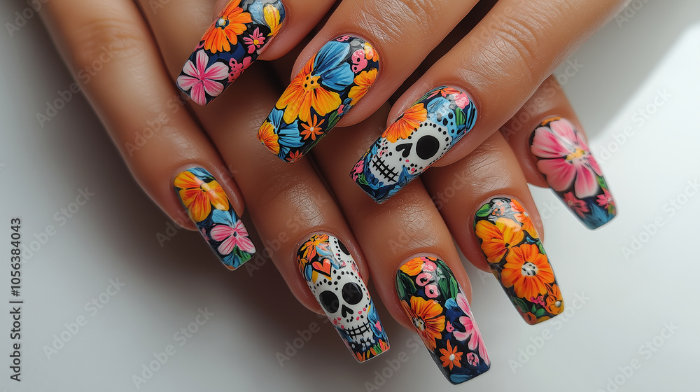 Nails designed with colorful Day of the Dead motifs, including sugar skulls and floral patterns for a festive touch. Nails designed with colorful Day of the Dead motifs, including sugar skulls and floral patterns for a festive touch.