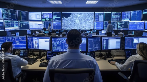 Supervisor Holds Briefing for His Employees in System Control Center Full of Monitors and Servers. Possibly Government Agency Conducts Investigation.