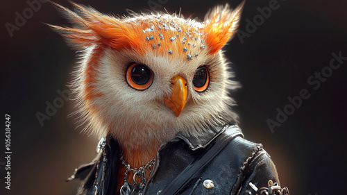 Unique owl character wearing a leather jacket with vibrant orange accents and detailed features photo