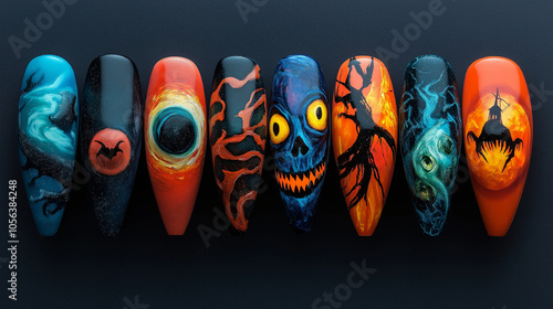 A variety of unique nail art styles featuring Halloween elements, including abstract patterns with spooky themes. photo