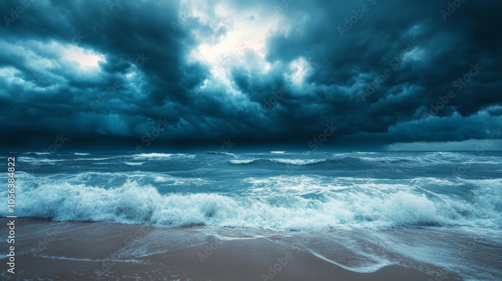 Dark storm clouds forming over a calm beach generative ai Dark storm clouds forming over a calm beach generative ai