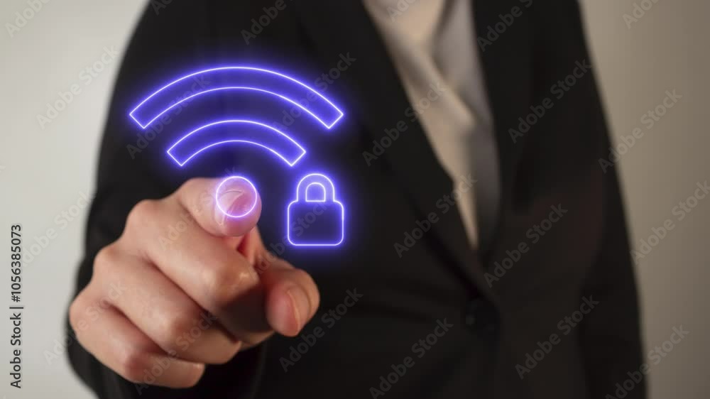 Businesswoman hand pointing at WiFi sign with padlock Businesswoman hand pointing at WiFi sign with padlock