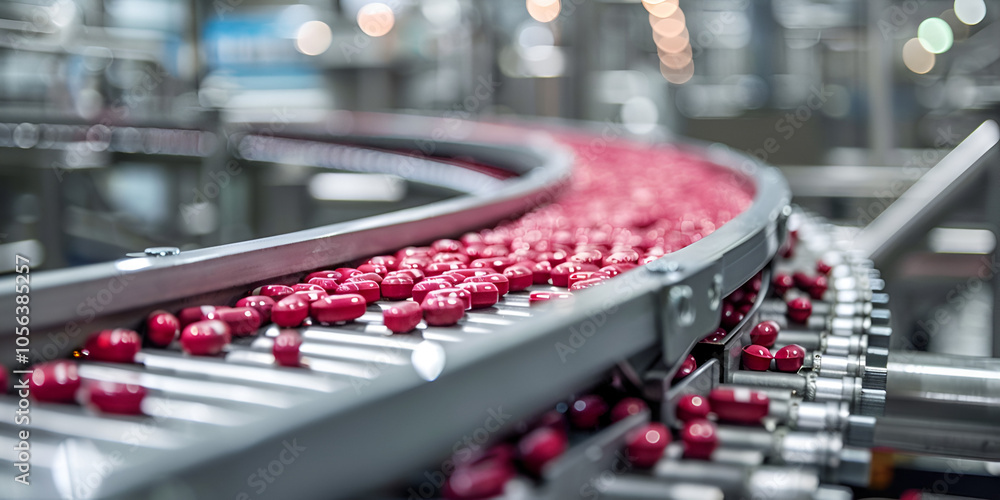 Fototapeta premium Red Pills on Automated Conveyor in Pharmaceutical Production, Medicine Manufacturing Process