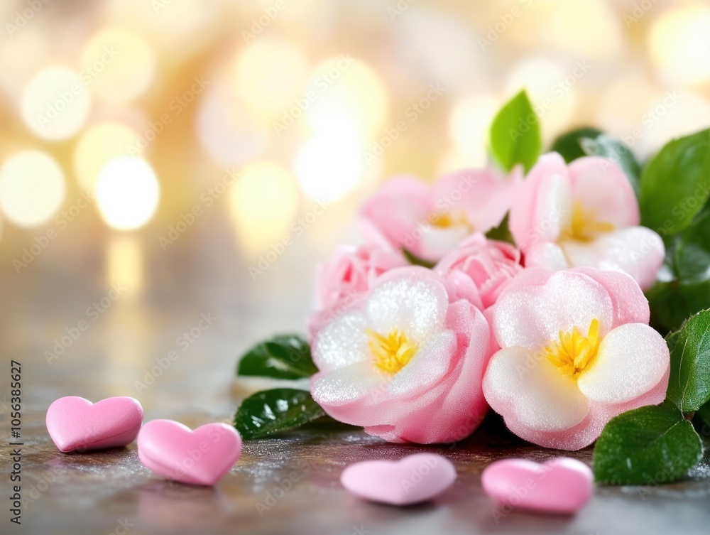 A bouquet of pink flowers with heart-shaped decorations, evoking romance and affection. A bouquet of pink flowers with heart-shaped decorations, evoking romance and affection.