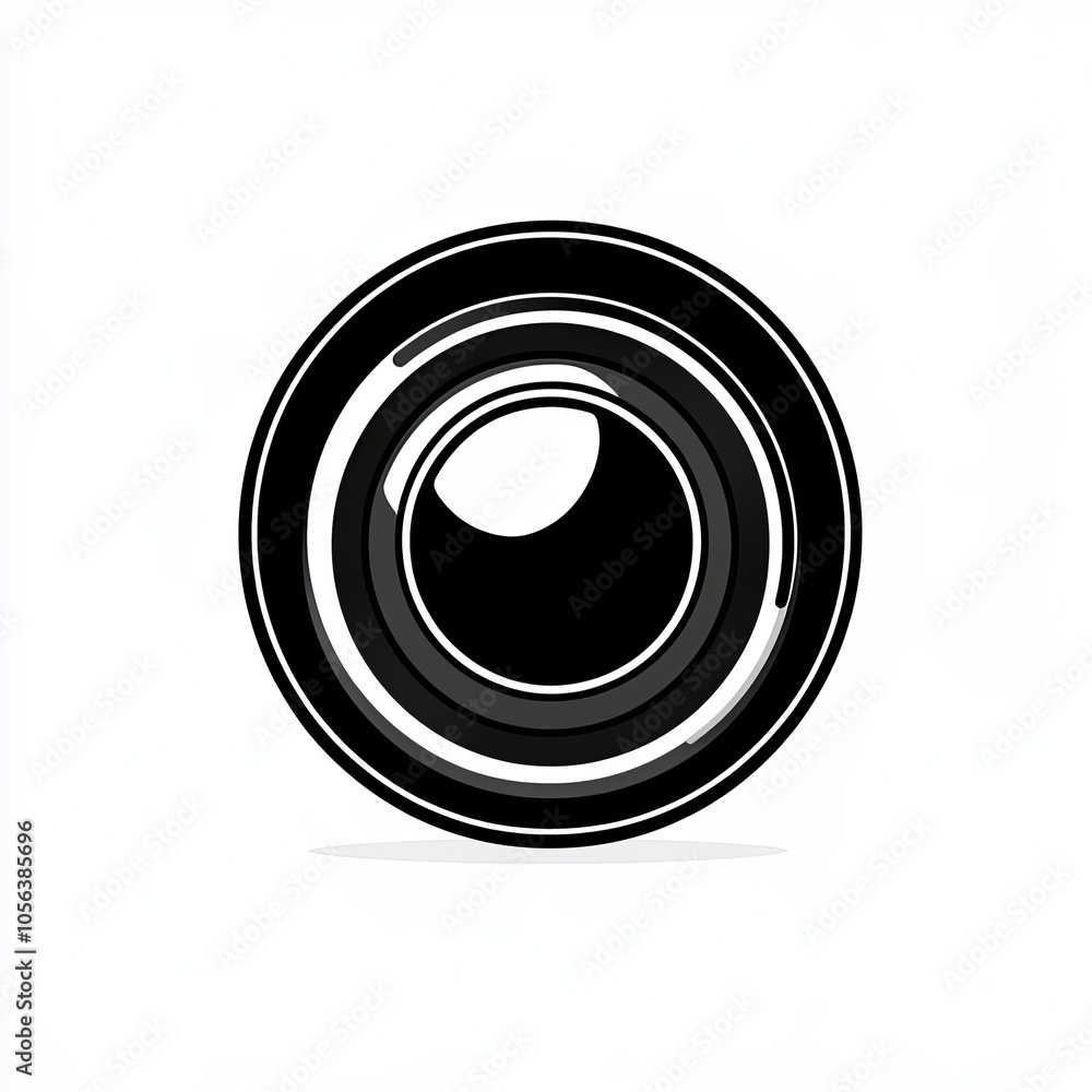This design features a minimalist black and white icon representing a camera lens, set against a plain white background, showcasing a sleek aesthetic This design features a minimalist black and white icon representing a camera lens, set against a plain white background, showcasing a sleek aesthetic