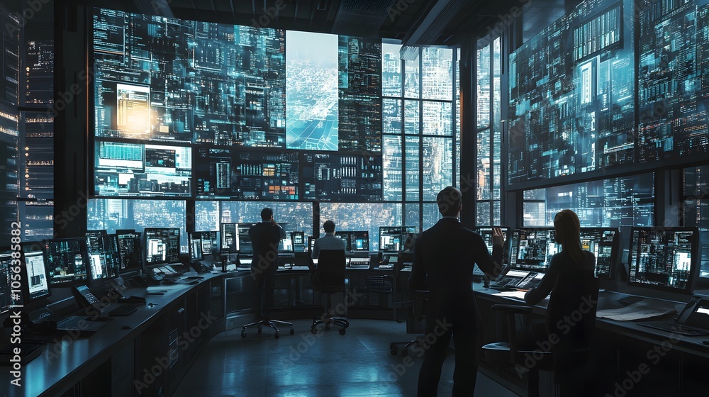 Supervisor Holds Briefing for His Employees in System Control Center Full of Monitors and Servers. Possibly Government Agency Conducts Investigation. Supervisor Holds Briefing for His Employees in System Control Center Full of Monitors and Servers. Possibly Government Agency Conducts Investigation.