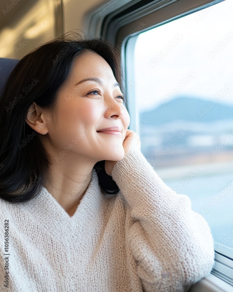Korean Woman Enjoying Scenic Views from a Train Korean Woman Enjoying Scenic Views from a Train