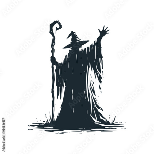 The black witch. Black white vector illustration.