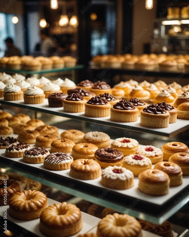 Variedad de pasteles redondeados sobre expositores en una pastelería Variedad de pasteles redondeados sobre expositores en una pastelería