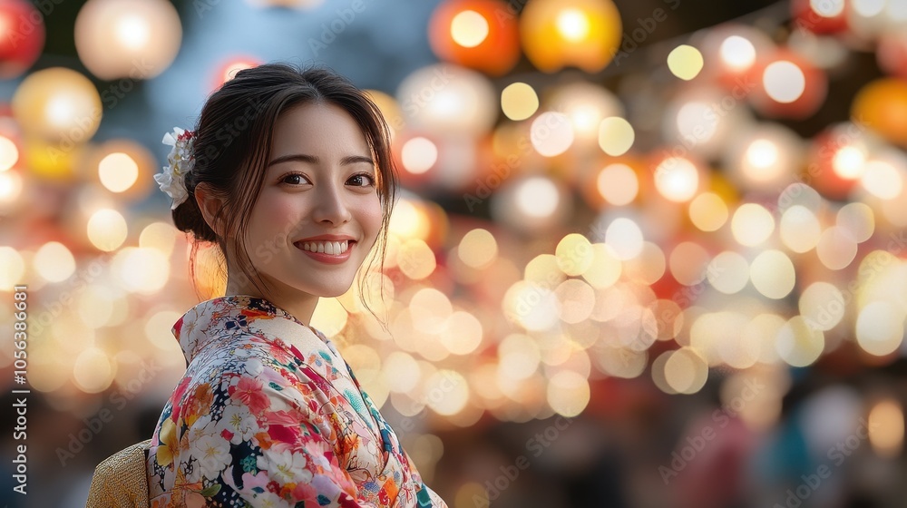 Joyful Japanese Woman in Festival Setting Joyful Japanese Woman in Festival Setting
