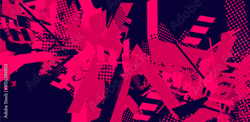 Abstract pink and black geometric pattern with polka dots.