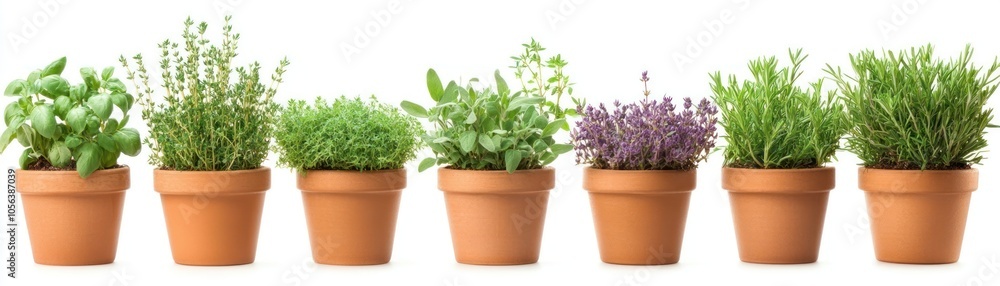 A row of potted herbs showcasing various green plants for culinary use. A row of potted herbs showcasing various green plants for culinary use.